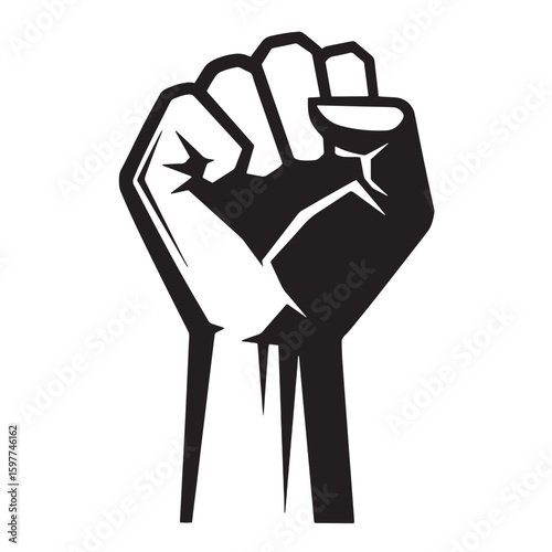 Bold black and white vector illustration of a raised fist symbolizing protest solidarity and resistance on a white background