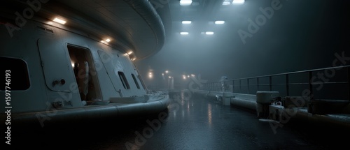 Fototapeta Naklejka Na Ścianę i Meble -  Abandoned space station in foggy atmosphere, derelict technology stillness