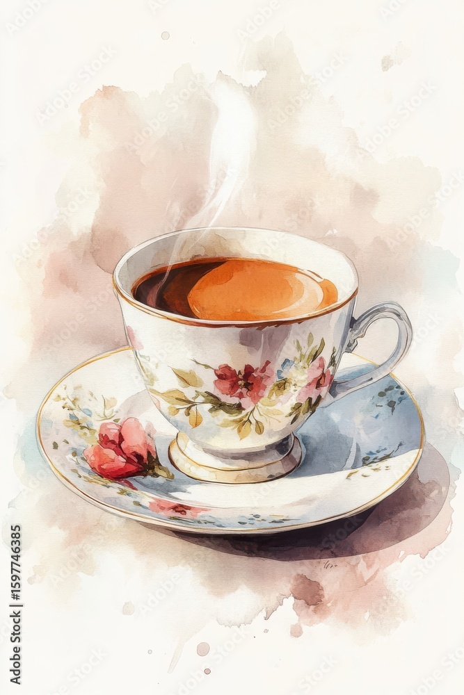Fototapeta premium Watercolor Tea Cup with Floral Design and Steam