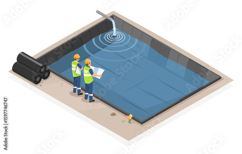 HDPE geomembrane sheets in a lined wastewater treatment pond to prevent seepage and ensure proper environmental protection isometric isolated