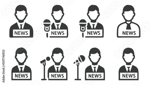 Collection of News Reporter Icons Depicting Journalists and Media Professionals Delivering Information to the Public Broadcasting News
