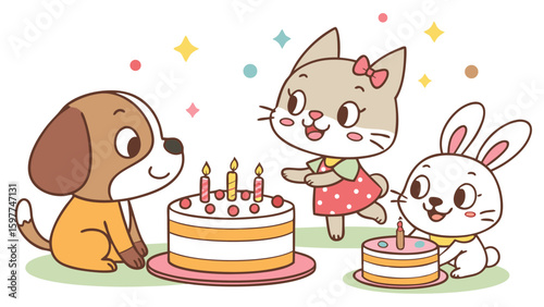 Cartoon illustration of a dog, cat, and rabbit celebrating with cakes and candles in a cheerful scene