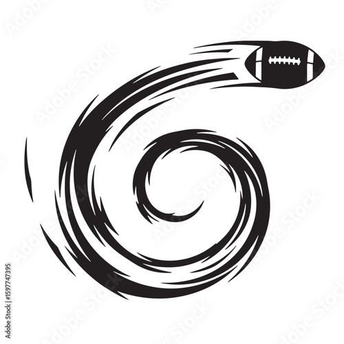 Flying american football ball with motion trails in a swirling spiral shape black and white vector design