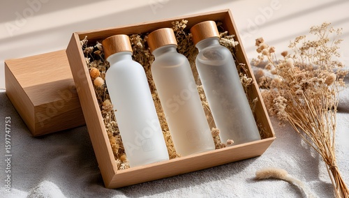 Frosted glass cosmetic bottles in wooden gift box with dried flowers on rustic table