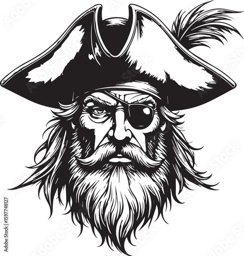 Pirate Portrait: A bold and detailed black and white illustration of a classic pirate, complete with an eye patch and weathered features, embodying a sense of adventure and history.