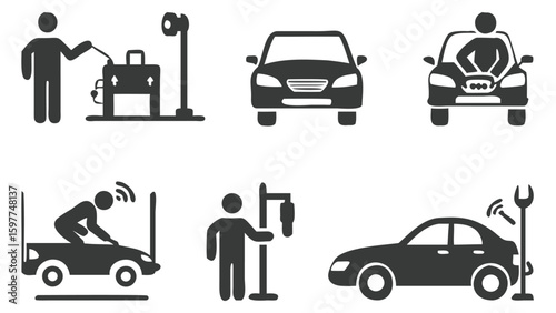 Auto Repair Services Pictograms Depicting Vehicle Maintenance Inspection and Tune Up Diagnostics Process by Mechanics in Garages