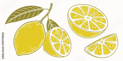 Fresh yellow lemons with leaves and slices rendered in a charming silhouette style