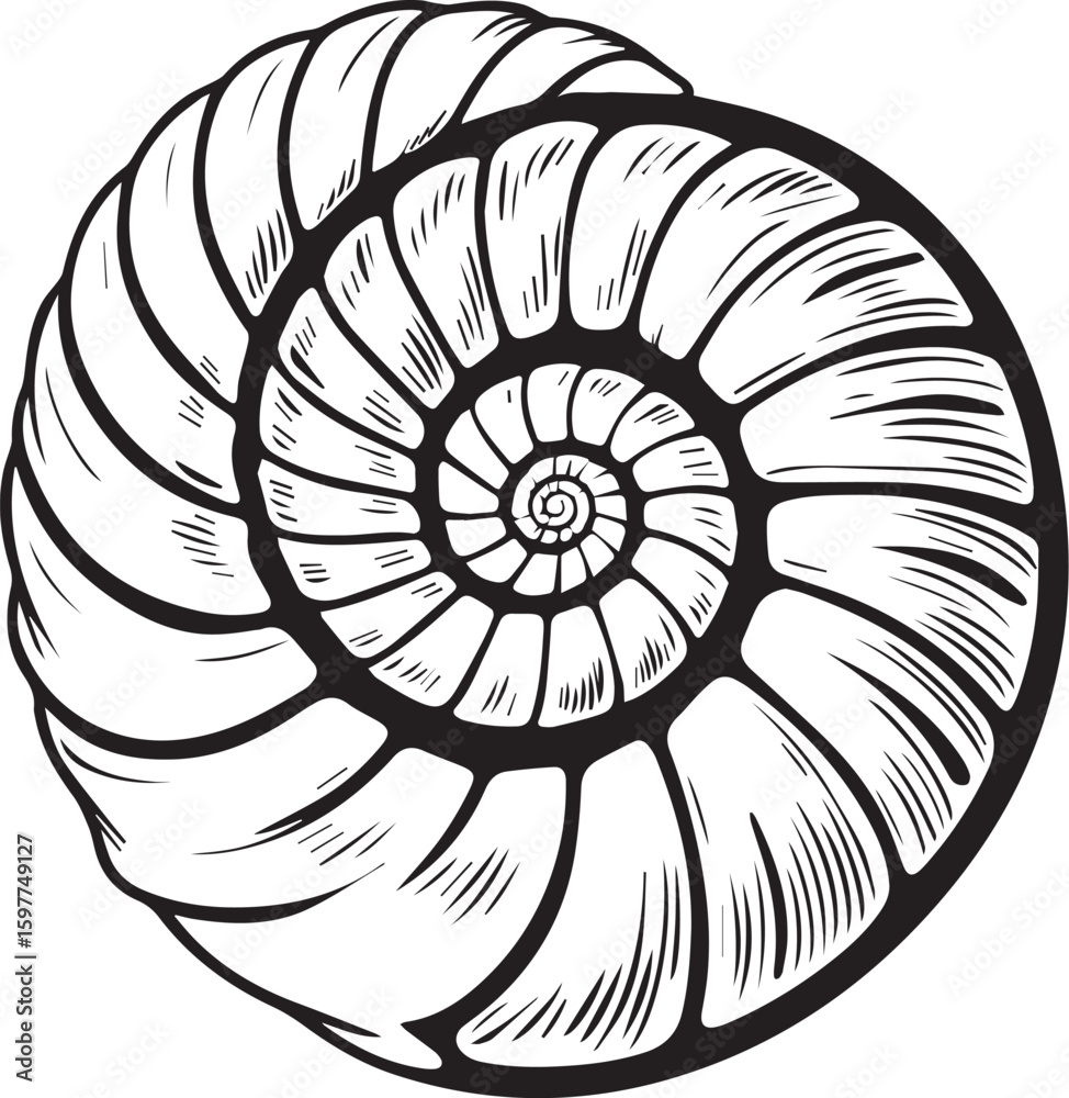 Obraz premium Elegant Shell: A captivating monochrome rendering of a nautilus shell, showcasing its intricate spiral form and natural elegance.