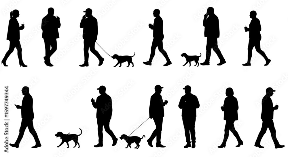 Obraz premium Silhouettes of people walking and walking dogs in various poses and positions on a white background