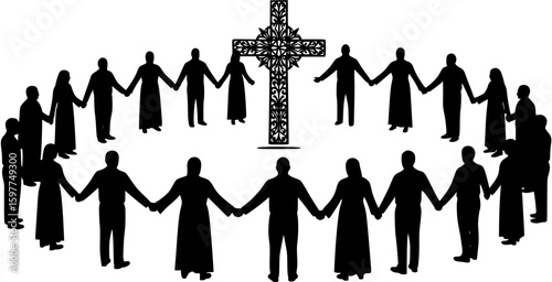 Group of Christians standing in circle holding hands together with giant holy cross in the middle full vector silhouette.

