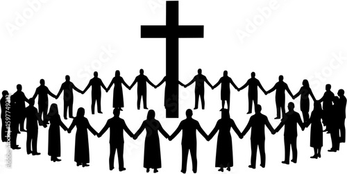 Group of Christians standing in circle holding hands together with giant holy cross in the middle full vector silhouette.
