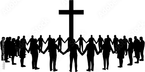 Group of Christians standing in circle holding hands together with giant holy cross in the middle full vector silhouette.
