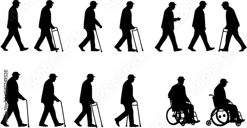 Silhouette set of senior old man with walking aid flat vector collection.
