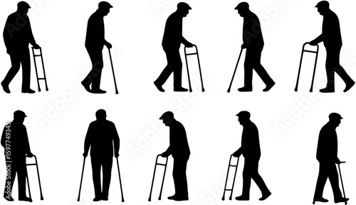 Silhouette set of senior old man with walking aid flat vector collection.
