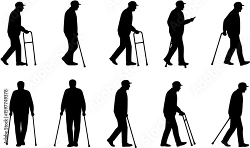 Silhouette set of senior old man with walking aid flat vector collection.
