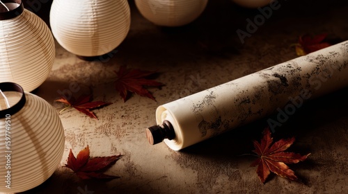 Chinese Teacher's Day: A detailed ink brush and scroll resting on aged parchment, autumn maple leaves scattered around, soft diffused sunlight through paper lanterns, nostalgic scholarly ambiance 
