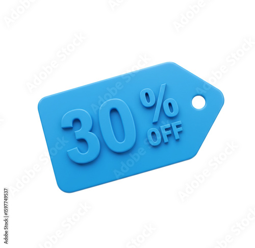 A blue tag displaying a thirty percent off discount offers a promotional sale opportunity now available