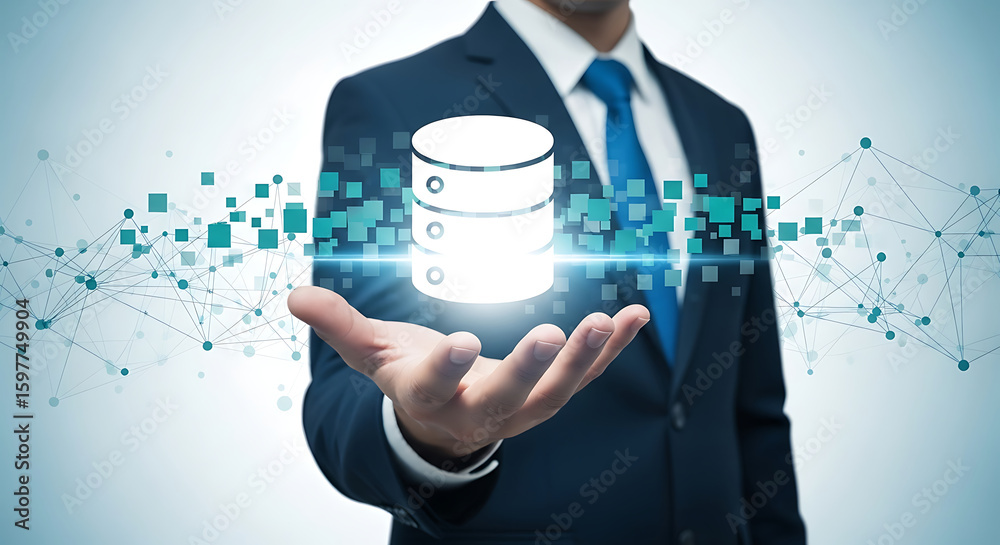 Obraz premium Professional presenting a database icon with digital network elements for data management and technology concepts