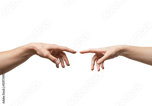 Two hands reaching fingers touch creation isolated on transparent background