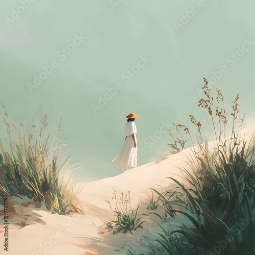 Dreamy illustration of a woman walking through sunlit sand dunes surrounded by tall grass