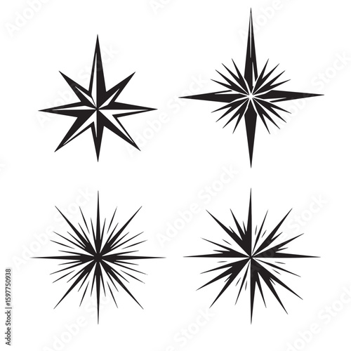 Vector illustrations of various geometric starburst designs in black and white on a clean white background