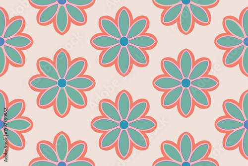 Repeating floral pattern with teal petals and coral outlines vector
