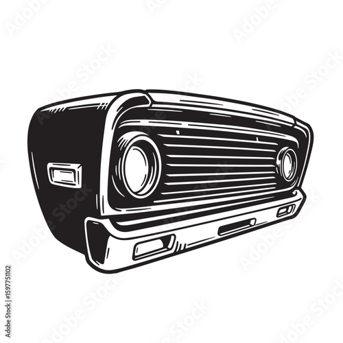Vintage classic car grille headlights and bumper design in detailed black and white illustration