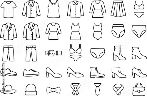 Fashion vector icon set featuring clothing, accessories, shoes, makeup, and style elements. Ideal for fashion design, boutique branding, beauty, and e-commerce projects.

