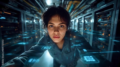 Young woman interacting with digital data in a server room, showcasing technology and innovation