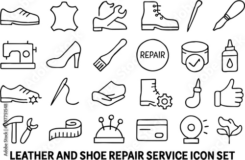 Leather and shoe repair vector icon set featuring boots, tools, stitching, polish, soles, sewing machines, and accessories. Ideal for cobbler, repair shop, and fashion design.

