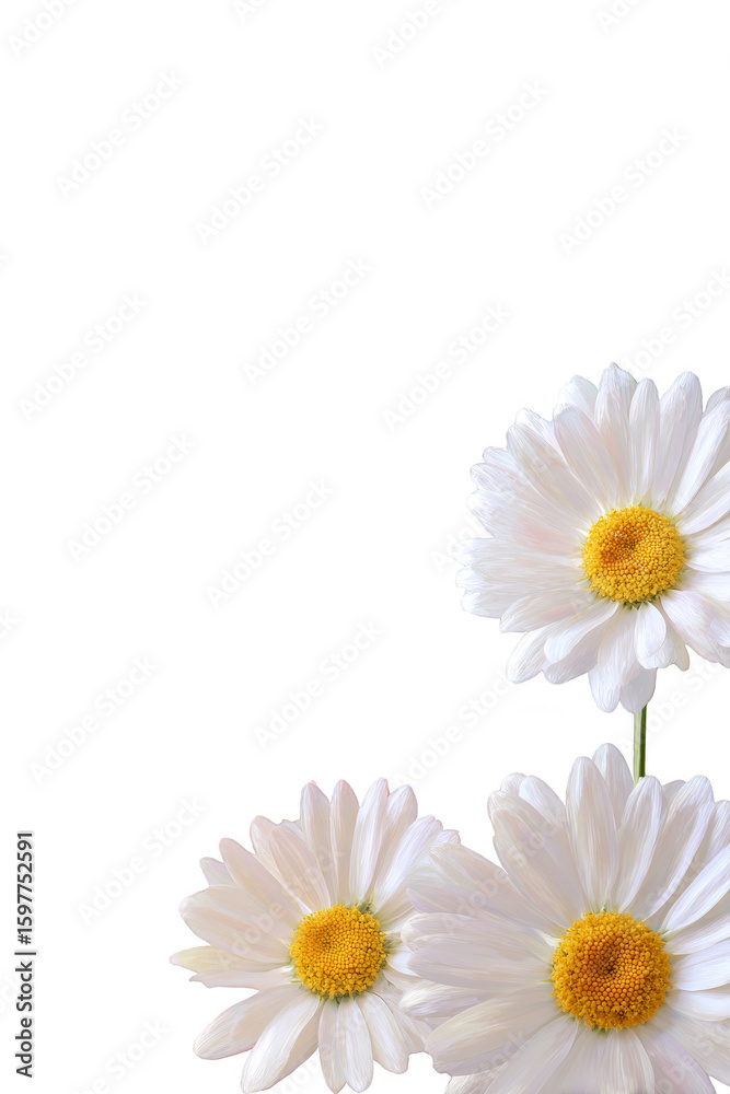 Fototapeta premium Three white daisies are arranged in a row