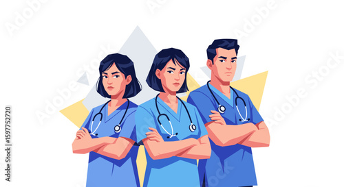 A confident and skilled medical team of doctors and nurses stand together with crossed arms, symbolizing healthcare dedication and strength.