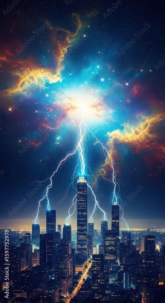 Obraz premium Lightning strikes city skyline under cosmic sky