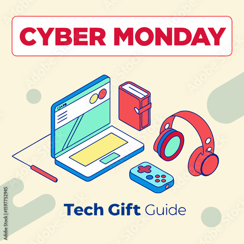 Cyber monday sale promotion with laptop, book, headphones, and game controller for tech gift guide ad banner