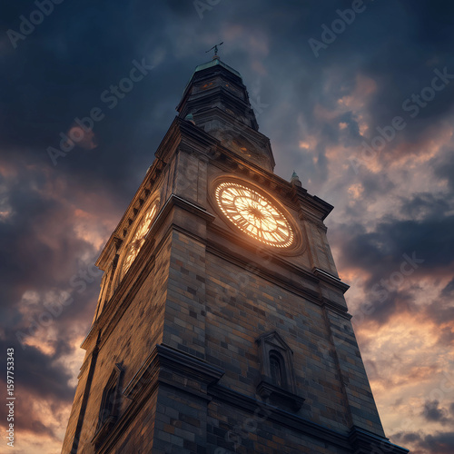 Giant outdoor clock tower at sunset