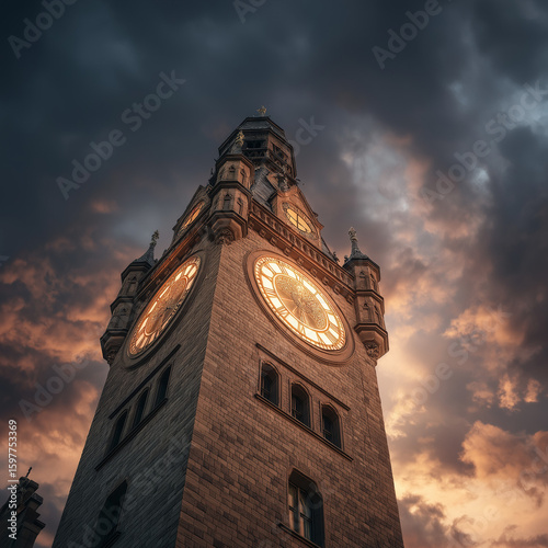 Giant outdoor clock tower at sunset