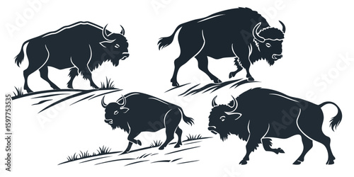 A striking silhouette illustration of a herd of wild horses and cattle, including cows and a bull, alongside bison, sheep, and a boar, creating a diverse animal outline for nature and farm wildlife.