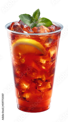 ice tea wit cubes and lemon on transparent background