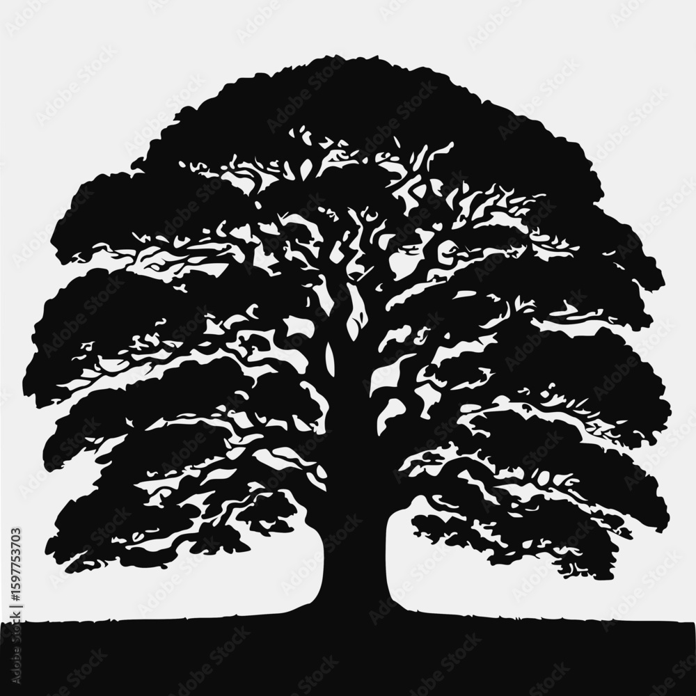 Fototapeta premium Solid silhouette of a large oak tree with wide canopy, black fill on white