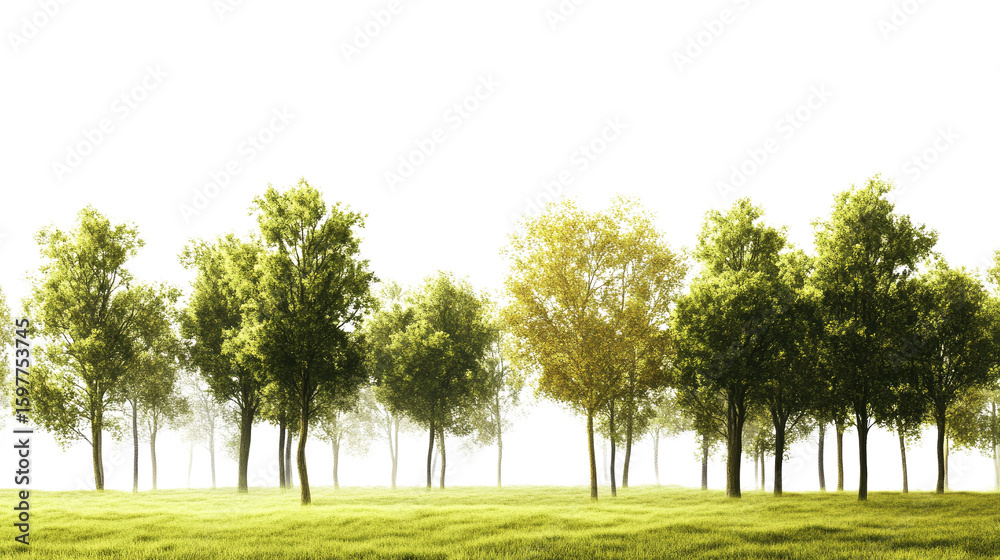 Fototapeta premium Lush green forest background in transparent PNG format with dense trees and natural landscape isolated on white background