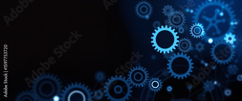 Blue glowing mechanical gears and cogs abstract technology background with digital light effects for business innovation concepts