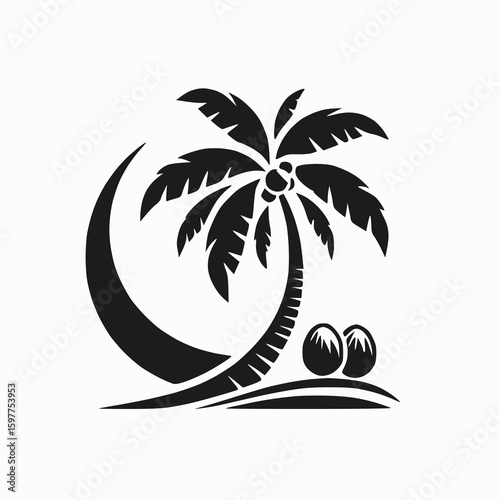 Silhouette of a curved palm tree with three coconuts, minimal design