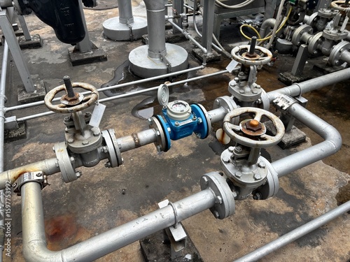 Industrial steel pipeline with manual wheel valves and a flow meter used for fluid distribution and process control in a factory environment.