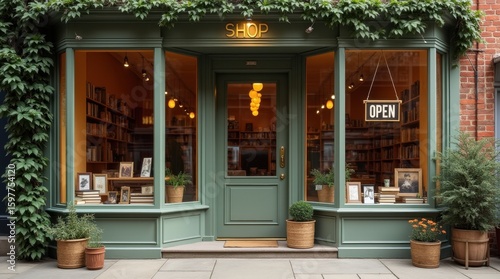  vintage-inspired shop front in balanced composition, green door at center, golden “SHOP” letters above, glass windows showing a welcoming interior with books and decor, and greenery accenting earthy 