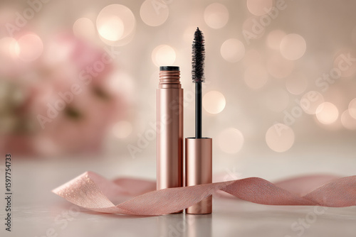Luxurious mascara tube with brush, elegantly placed on soft blush background adorned with subtle bokeh lights, creating dreamy and romantic atmosphere