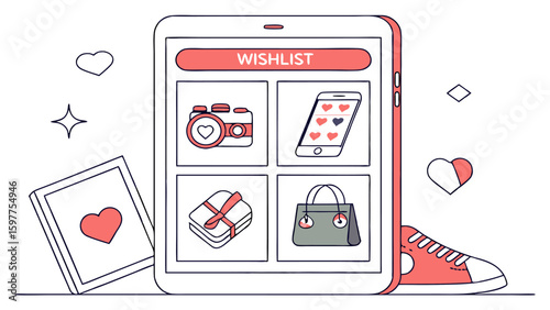 Digital wishlist on a tablet screen showcasing a camera smartphone gift box and handbag with a shoe and hearts surrounding the device representing online shopping and desires