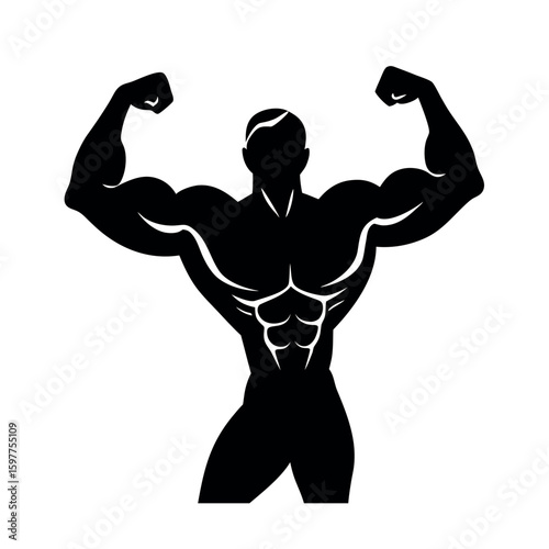 Strong bodybuilder flexing biceps in powerful stance silhouette Art Vector illustration