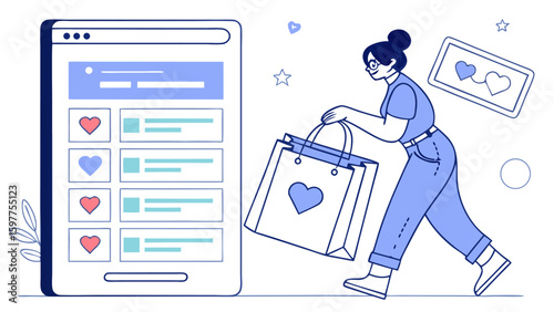 Woman with shopping bag browsing online store on smartphone with hearts and stars symbolizing likes and favorites