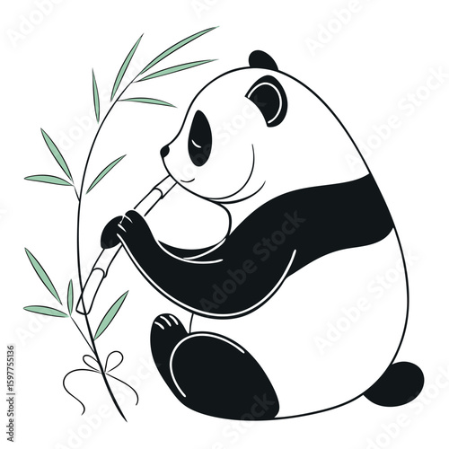 Minimalist line art of a panda sitting and holding a bamboo stalk isolated on white background