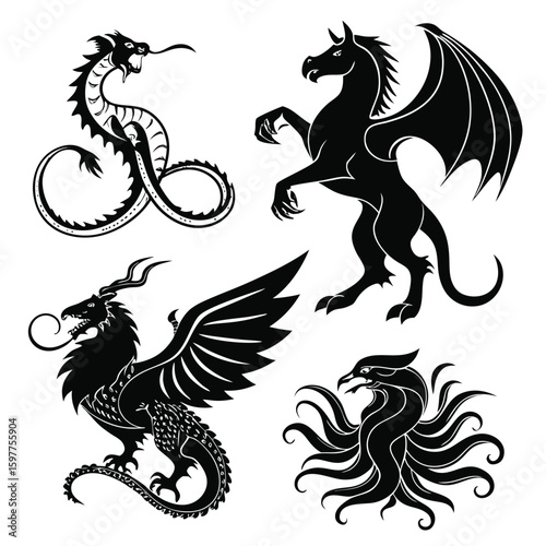 Mythical creature silhouettes including dragon and unicorn isolated on white background